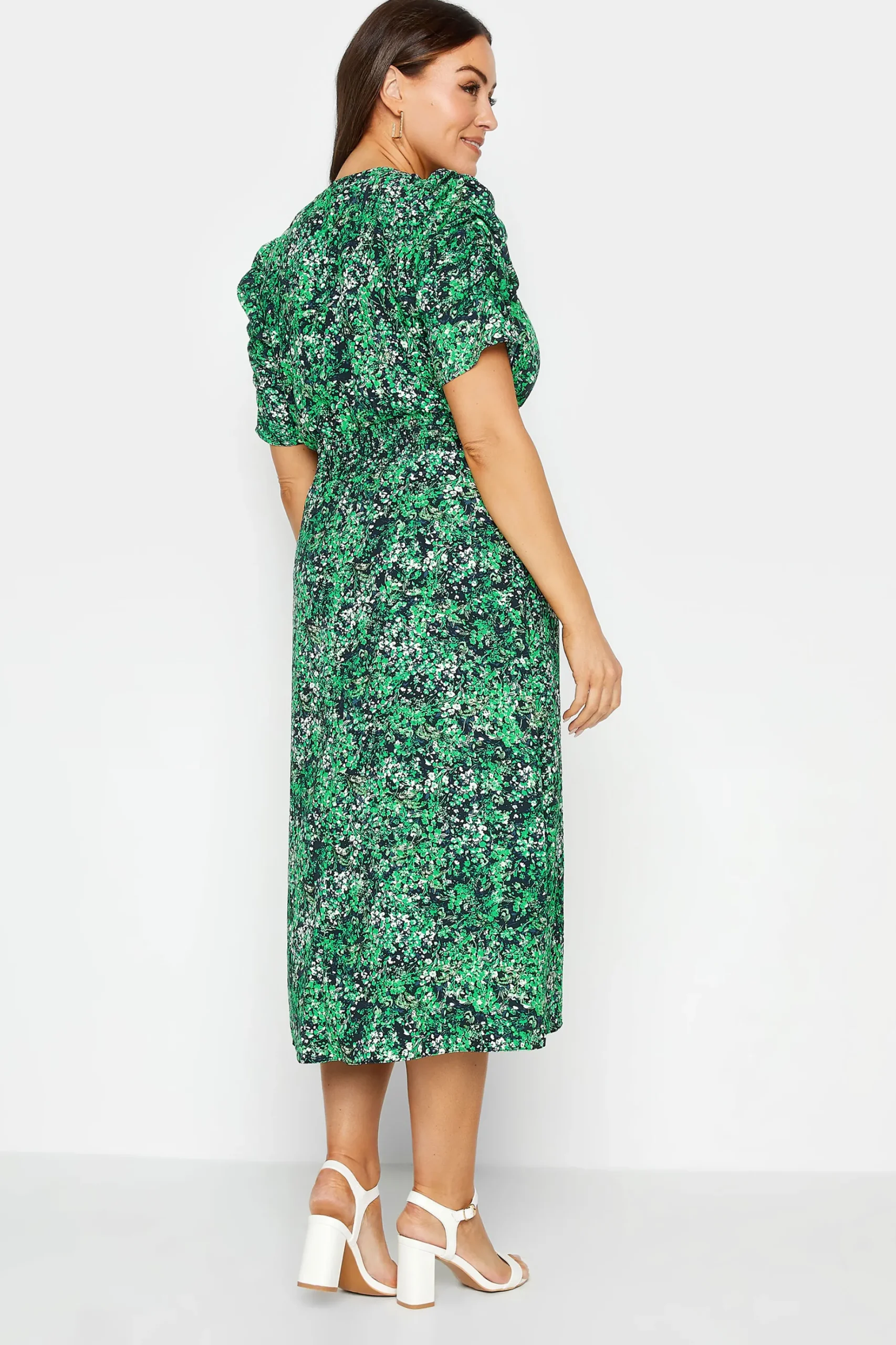M&Co Womens M&Co Green Floral Print Shirred Waist Midi Dress