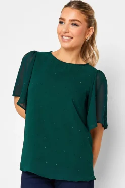 M&Co Womens M&Co Green Gem Detail Angel Sleeve Blouse