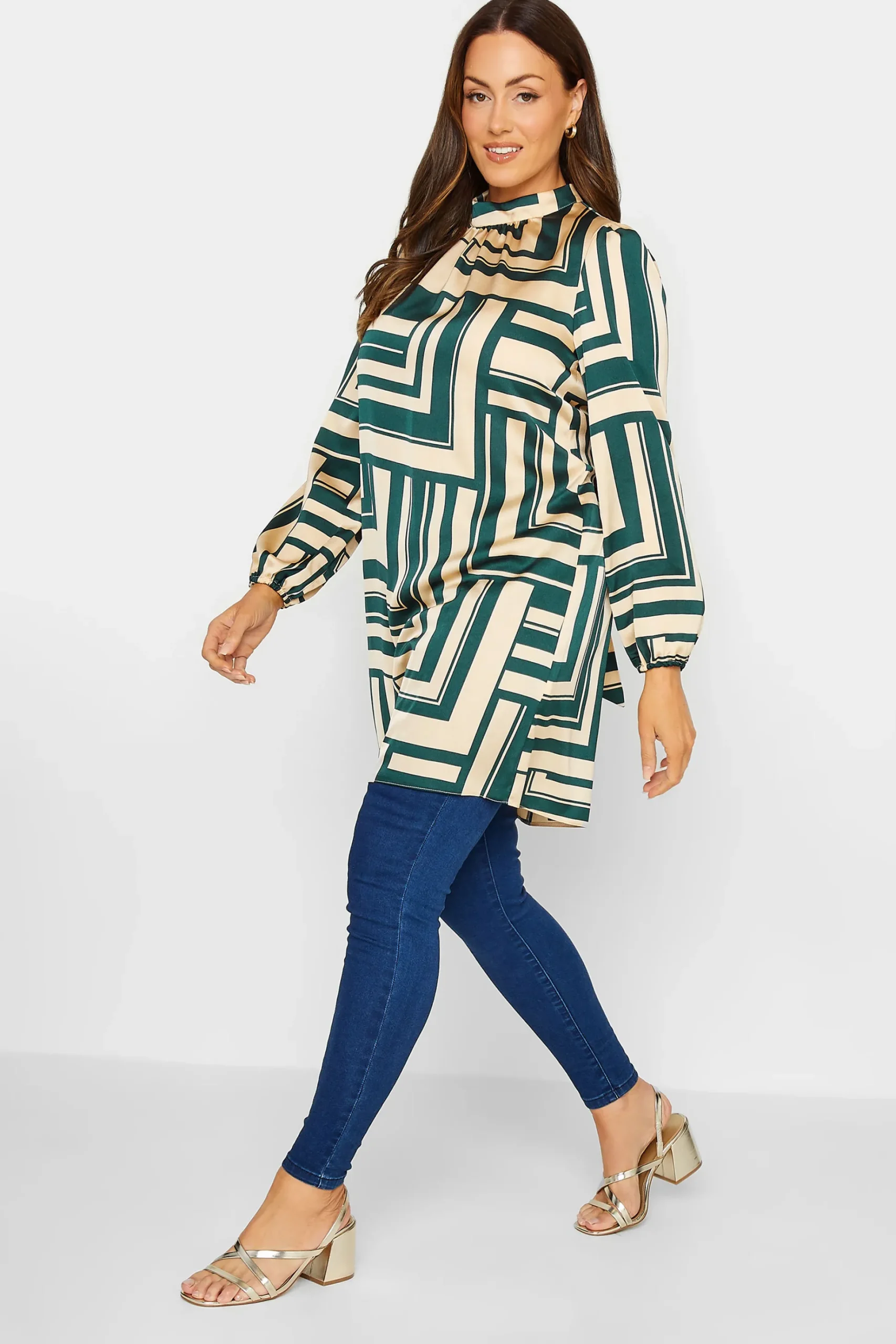 M&Co Womens M&Co Green Geometric Print High Neck Tunic Blouse
