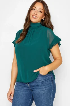 M&Co Womens M&Co Green High Neck Frill Sleeve Blouse