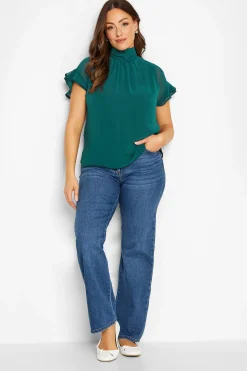 M&Co Womens M&Co Green High Neck Frill Sleeve Blouse