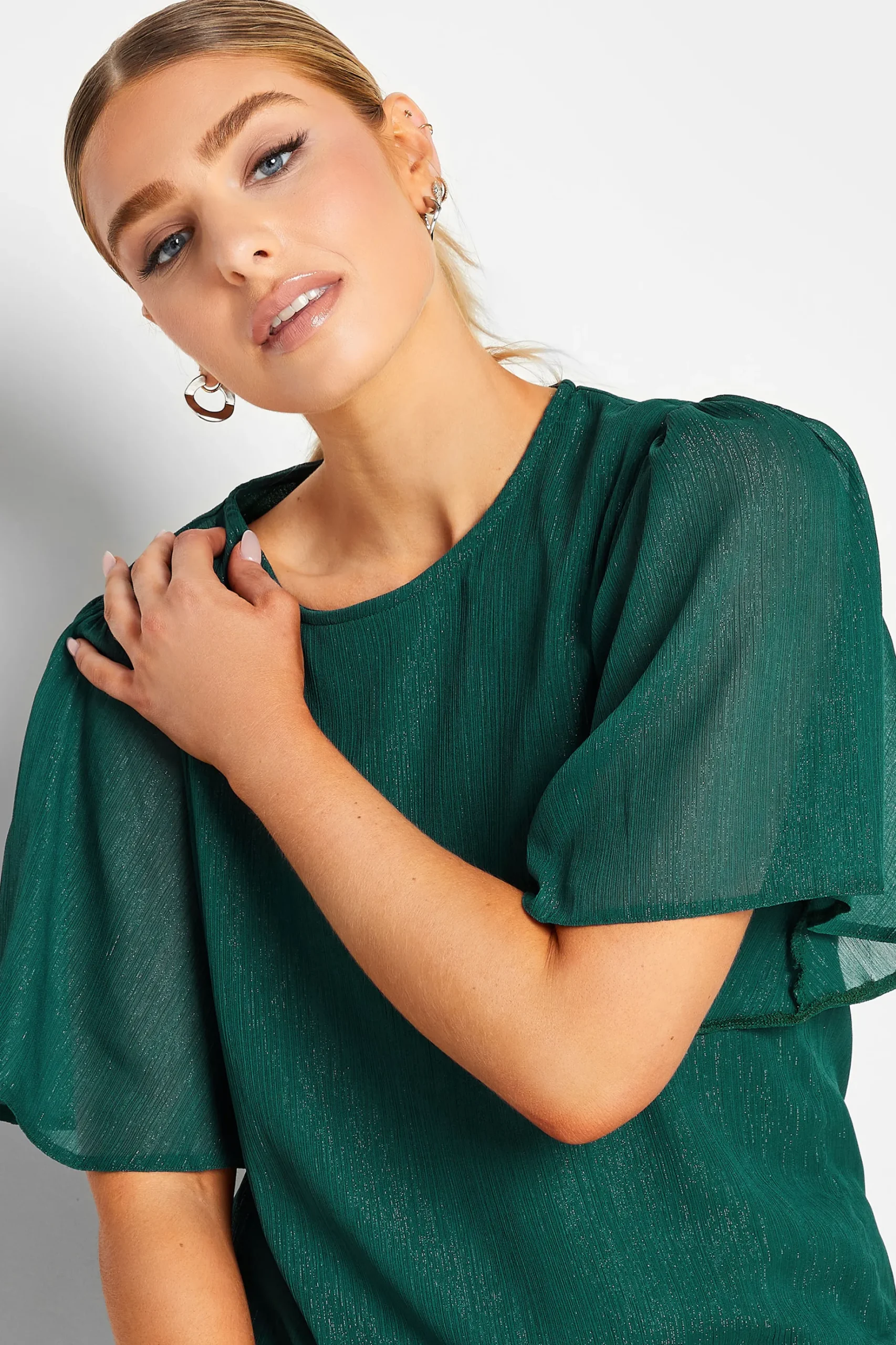 M&Co Womens M&Co Green Shimmer Angel Sleeve Blouse