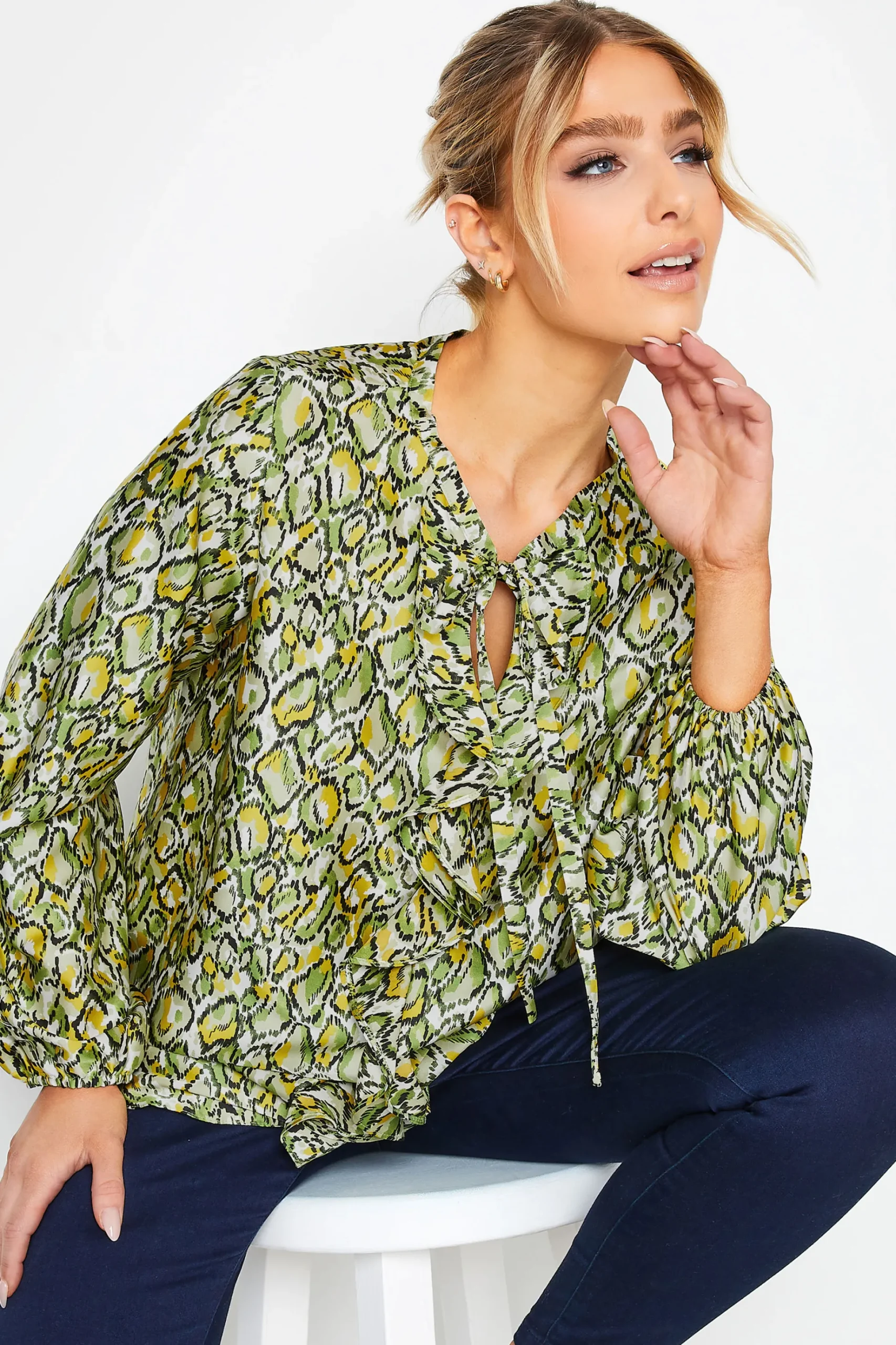 M&Co Womens M&Co Green Snake Print Tie Neck Blouse