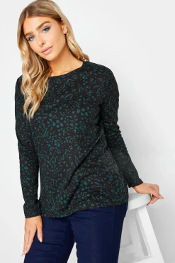 M&Co Womens M&Co Green Teal Animal Print Long Sleeve Cotton Top