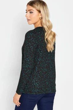 M&Co Womens M&Co Green Teal Animal Print Long Sleeve Cotton Top
