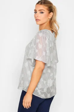 M&Co Womens M&Co Grey Floral Shimmer Angel Sleeve Blouse