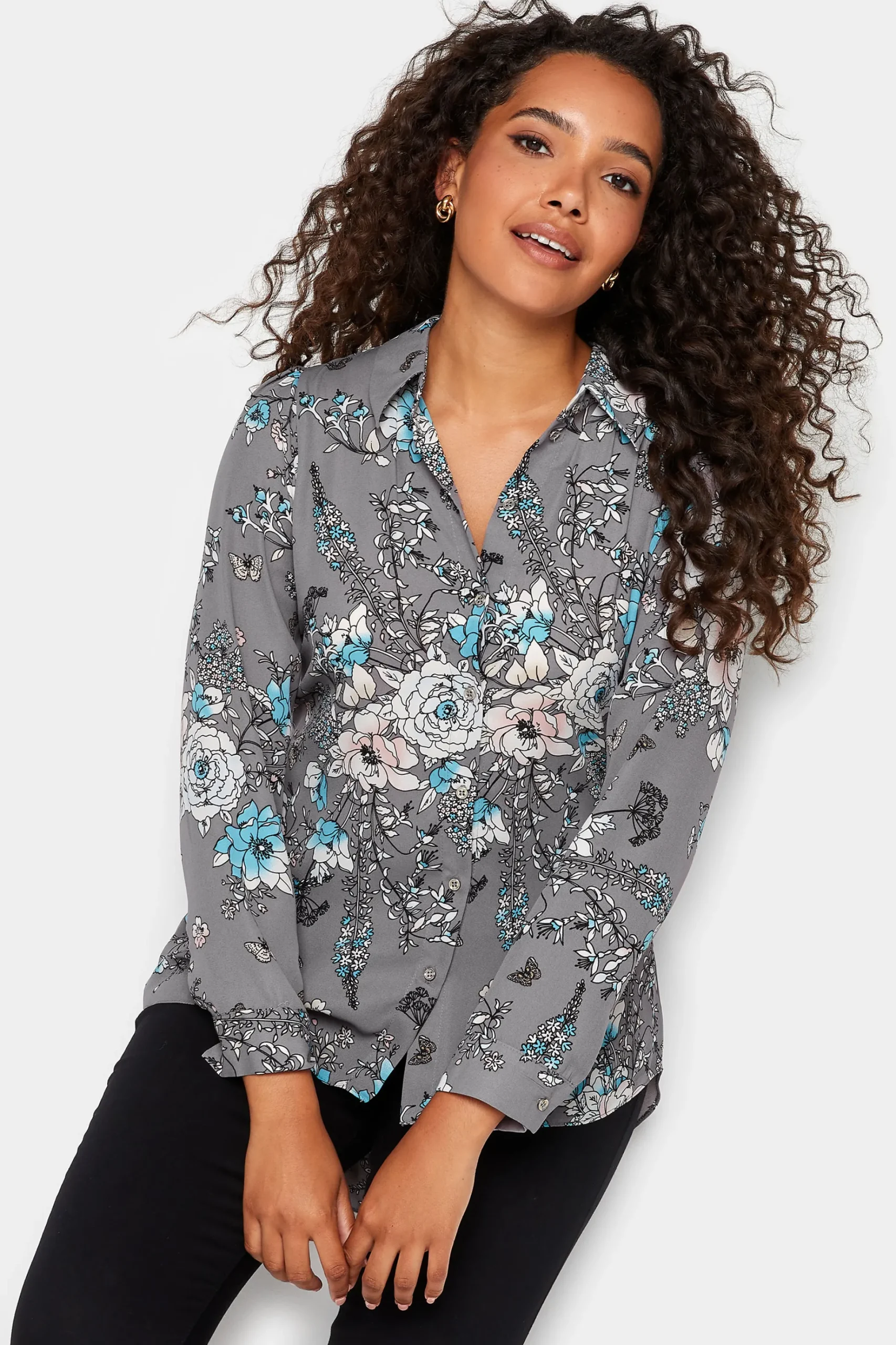 M&Co Womens M&Co Grey Floral Print Tie Shirt