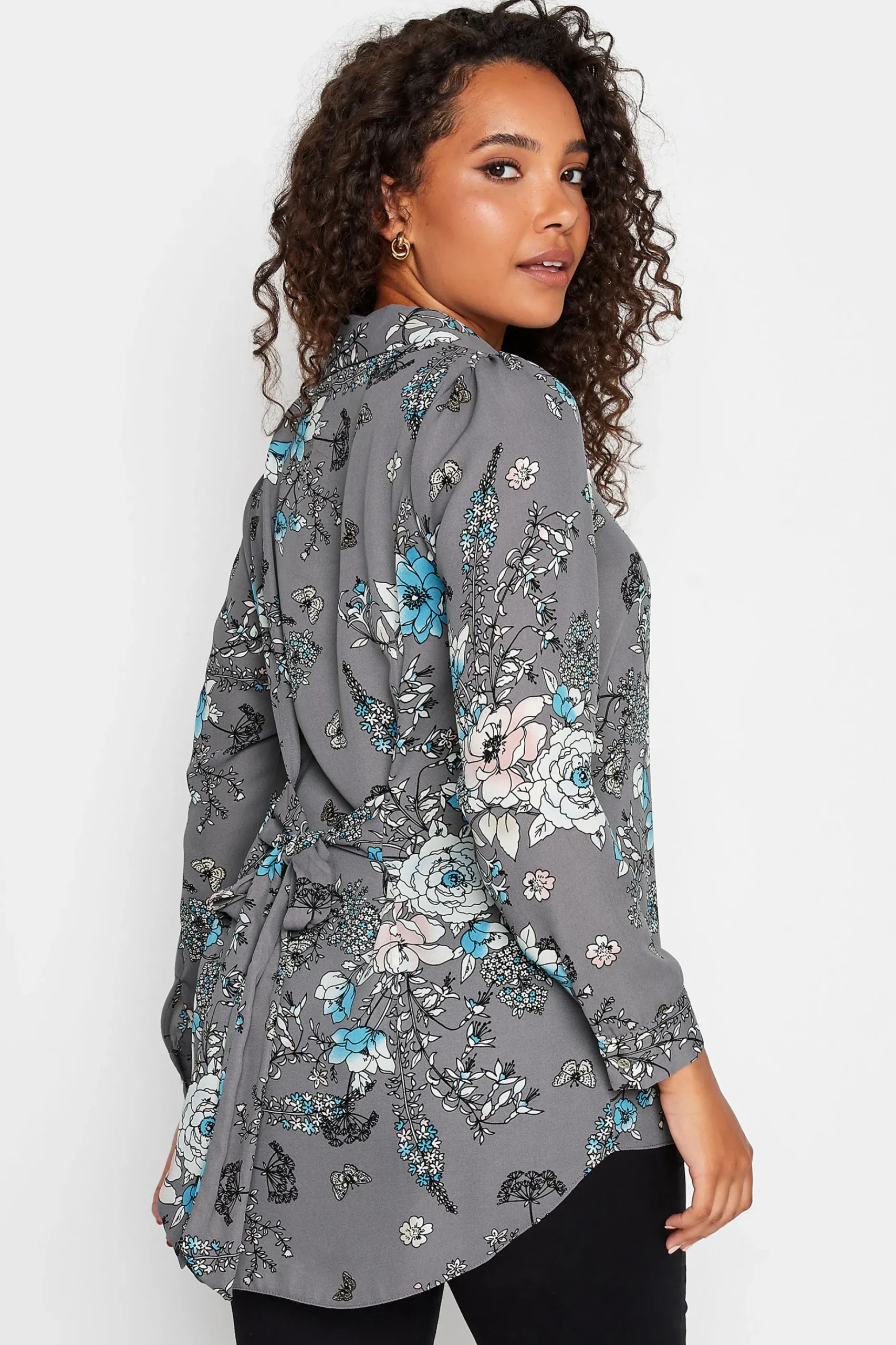 M&Co Womens M&Co Grey Floral Print Tie Shirt