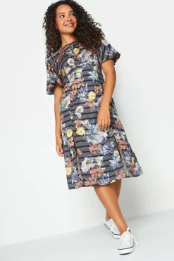 M&Co Womens M&Co Grey Floral Stripe Angel Sleeve Split Hem Midi Dress