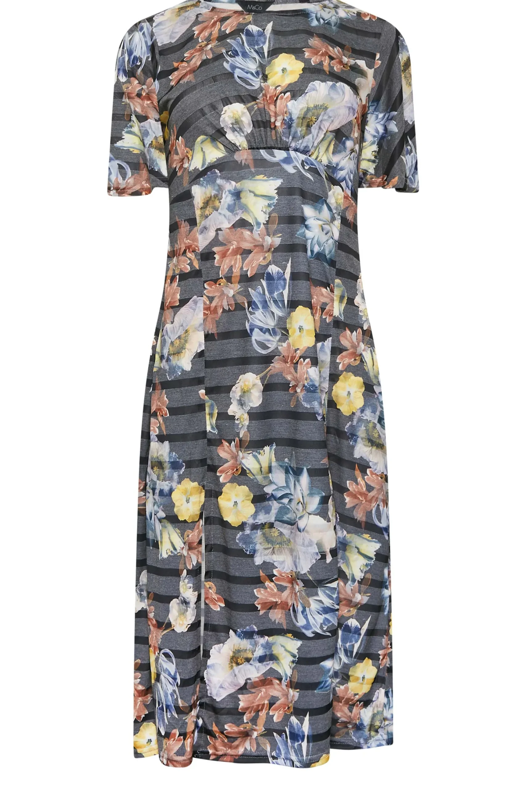 M&Co Womens M&Co Grey Floral Stripe Angel Sleeve Split Hem Midi Dress