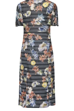 M&Co Womens M&Co Grey Floral Stripe Angel Sleeve Split Hem Midi Dress