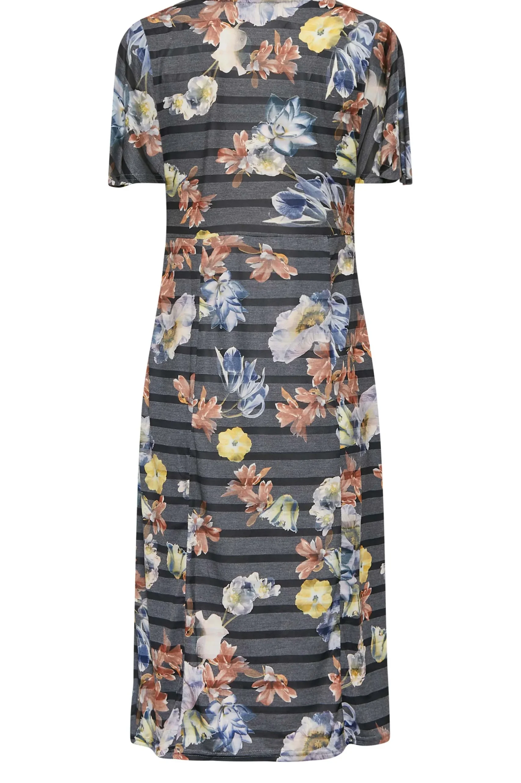 M&Co Womens M&Co Grey Floral Stripe Angel Sleeve Split Hem Midi Dress