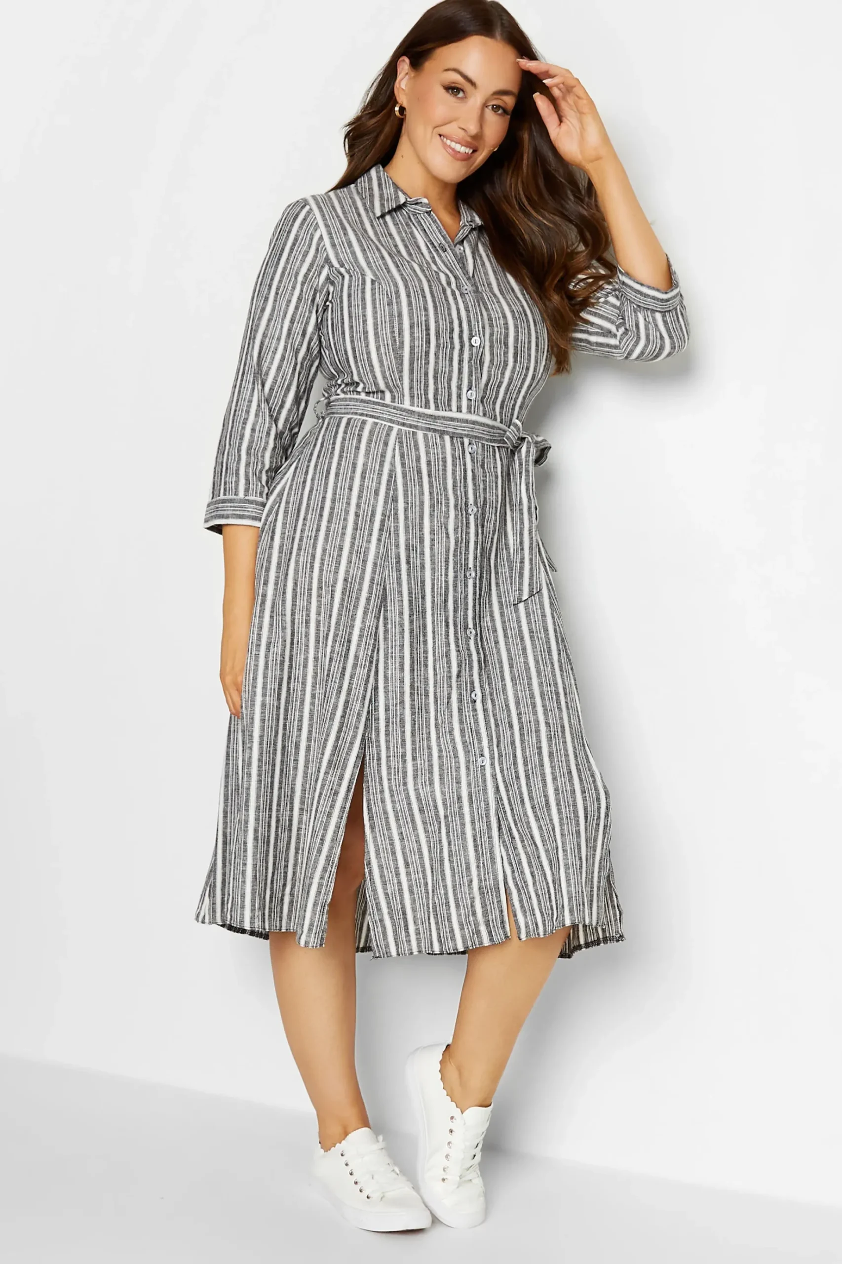 M&Co Womens M&Co Grey Stripe Button Through Tie Waist Cotton Dress