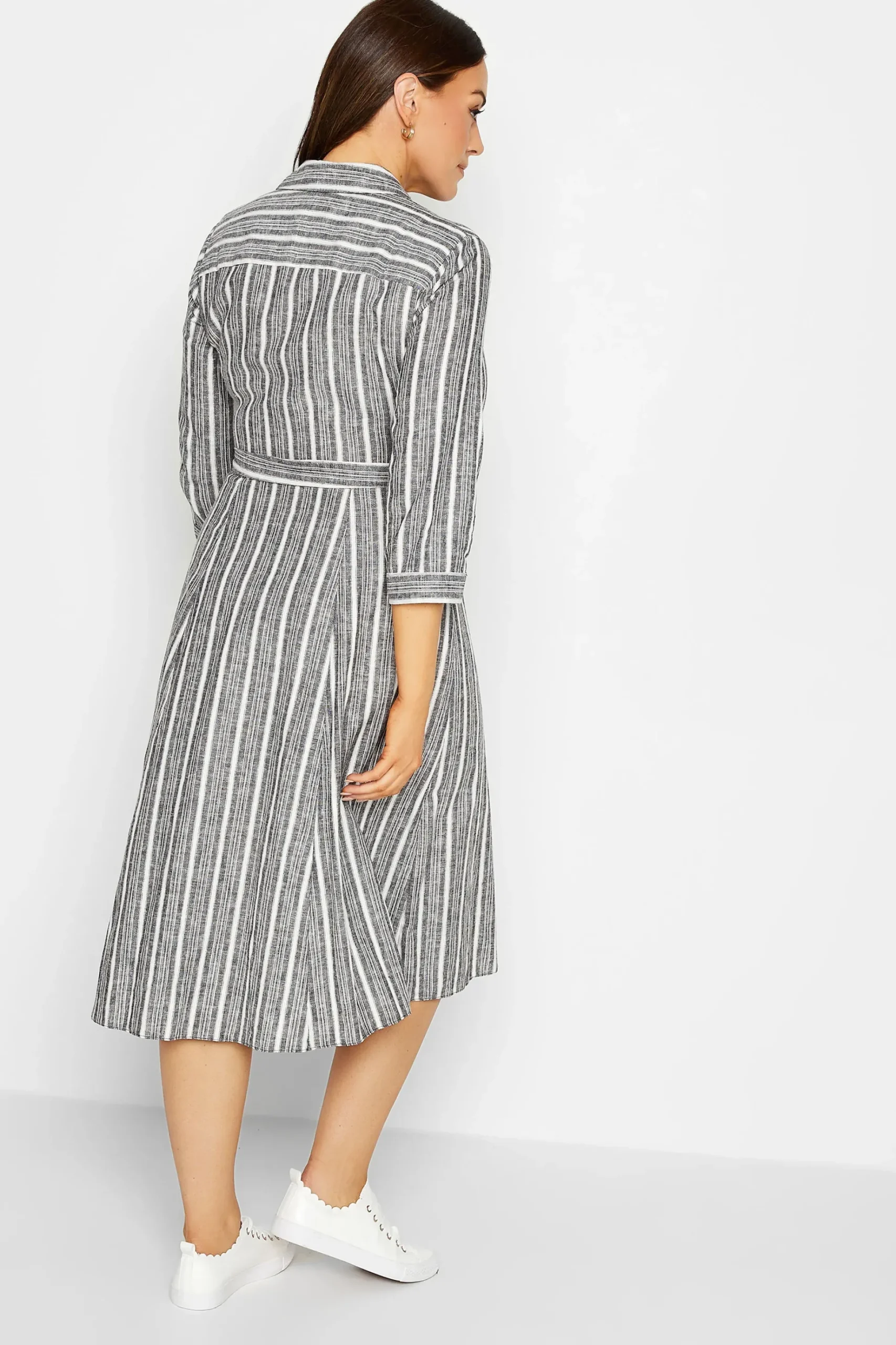 M&Co Womens M&Co Grey Stripe Button Through Tie Waist Cotton Dress