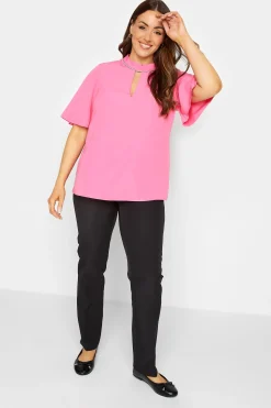 M&Co Womens M&Co Hot Pink Embellished Neck Keyhole Blouse