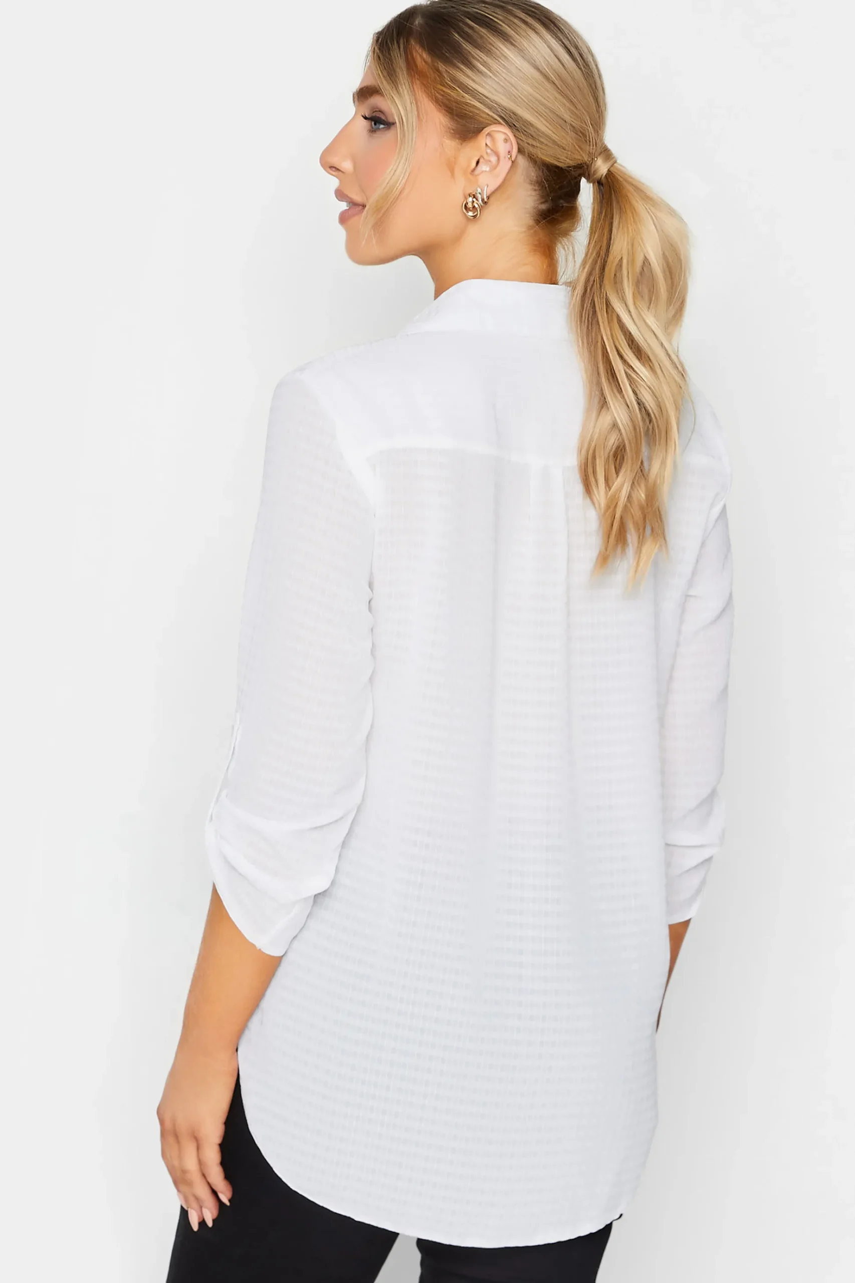 M&Co Womens M&Co Ivory White Dobby Check Tab Sleeve Shirt