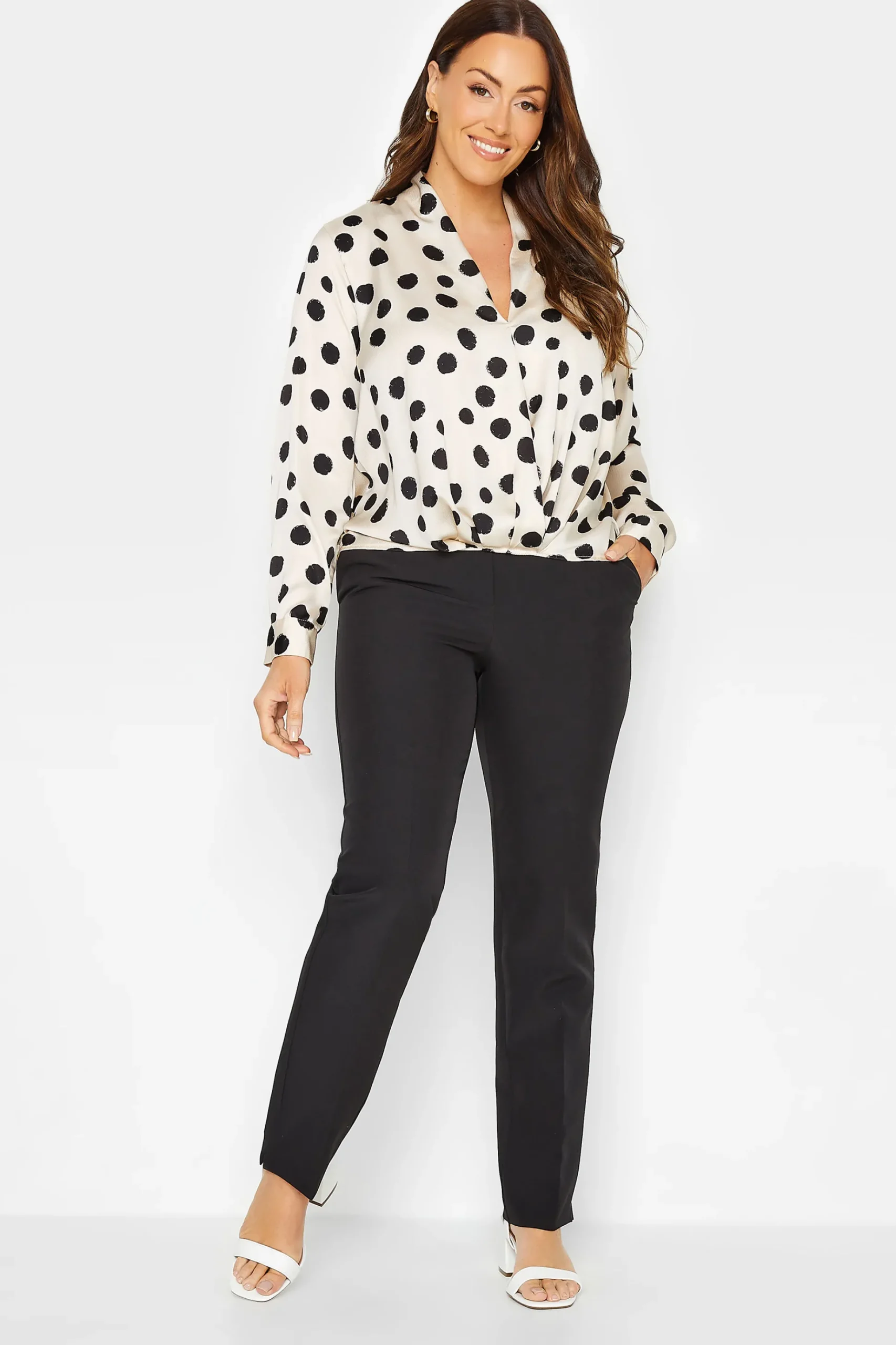 M&Co Womens M&Co Ivory White Polka Dot Print Wrap Front Blouse