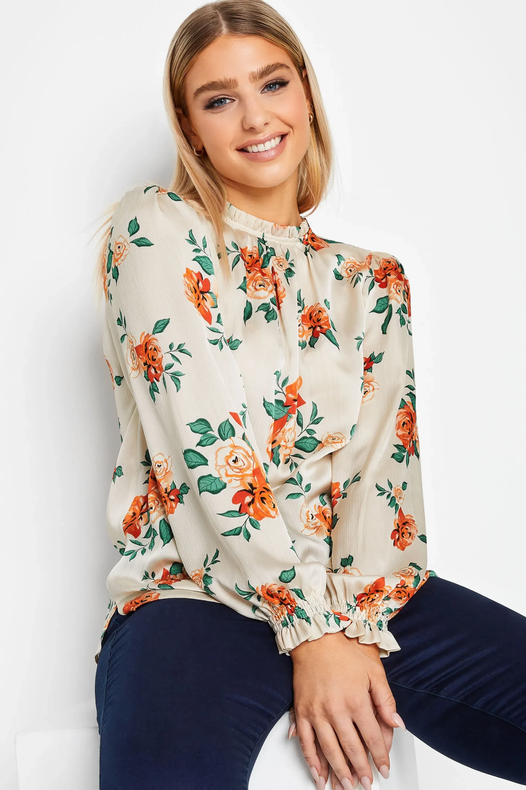 M&Co Womens M&Co Ivory White Floral Print Frill Neck Blouse