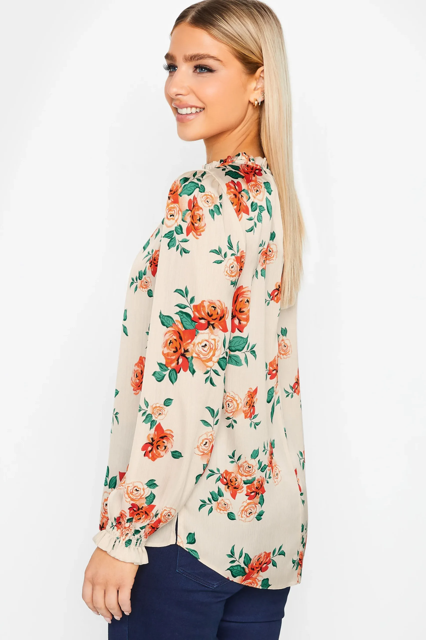 M&Co Womens M&Co Ivory White Floral Print Frill Neck Blouse