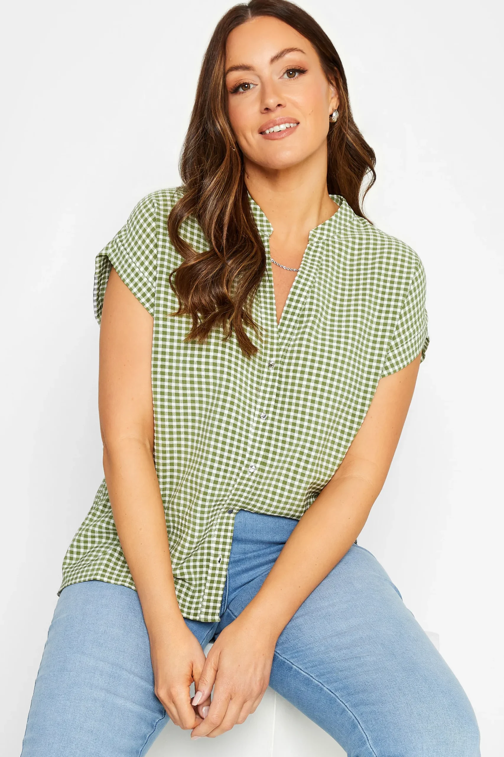 M&Co Womens M&Co Khaki Green Gingham Short Sleeve Shirt