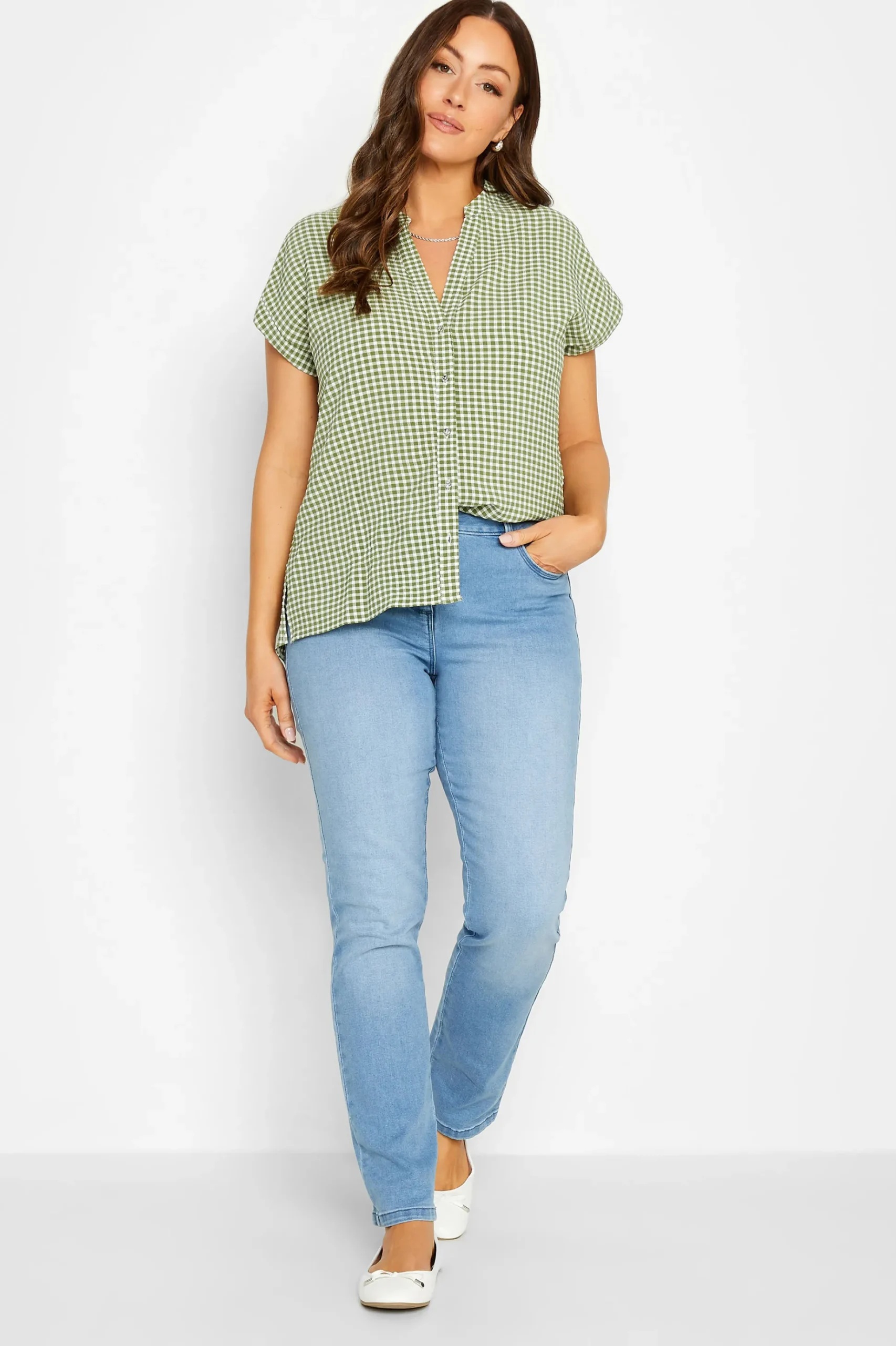 M&Co Womens M&Co Khaki Green Gingham Short Sleeve Shirt