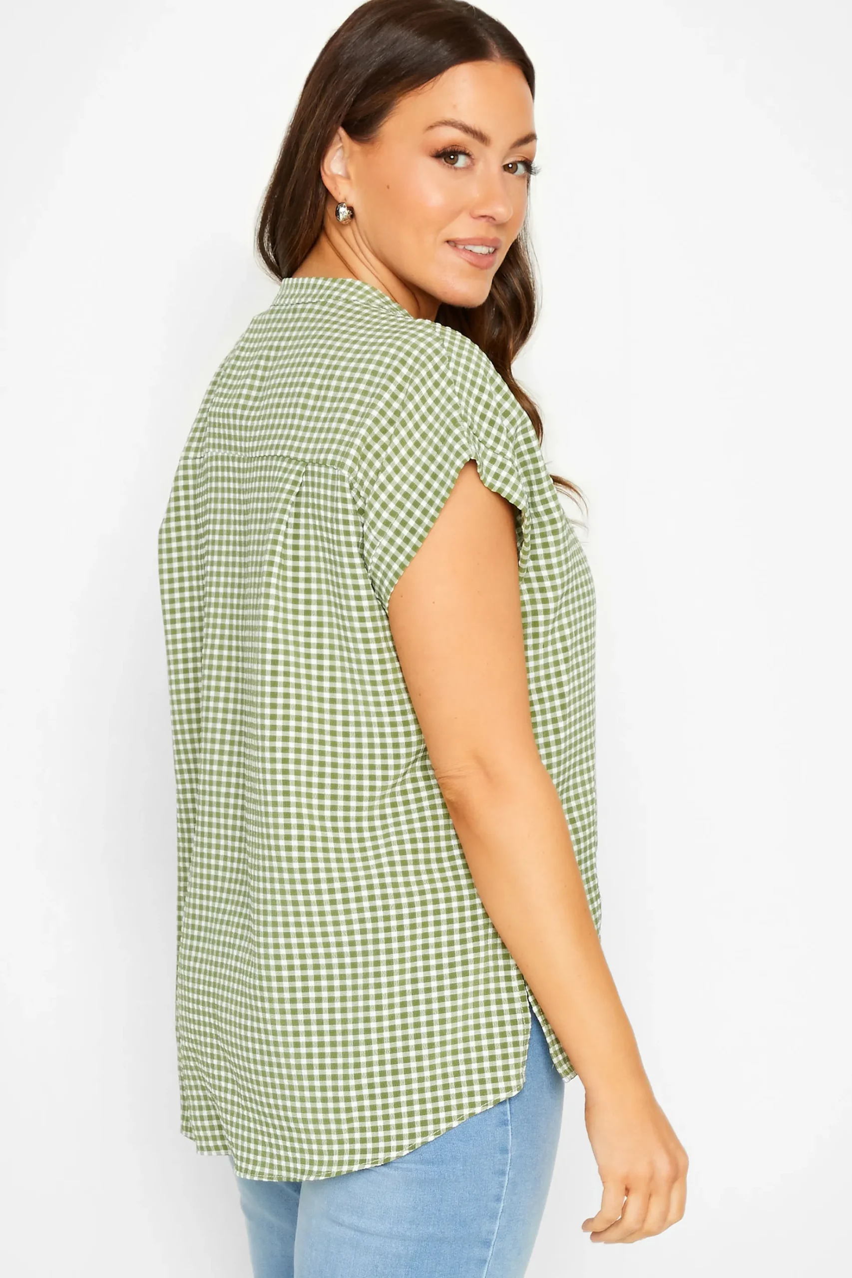 M&Co Womens M&Co Khaki Green Gingham Short Sleeve Shirt