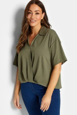 M&Co Womens M&Co Khaki Green V-Neck Wrap Blouse