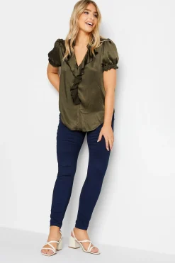 M&Co Womens M&Co Khaki Green Frill Satin Blouse
