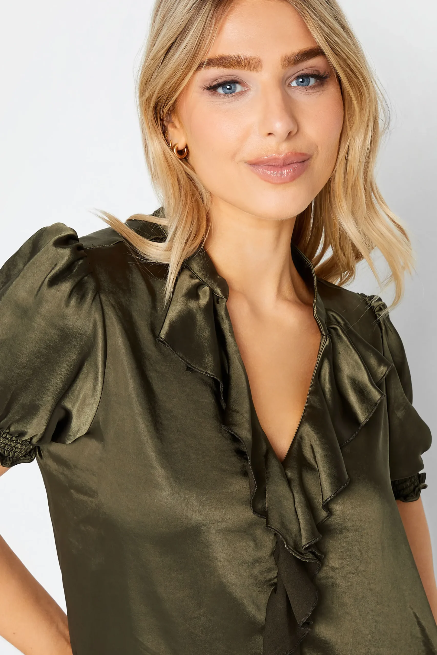 M&Co Womens M&Co Khaki Green Frill Satin Blouse