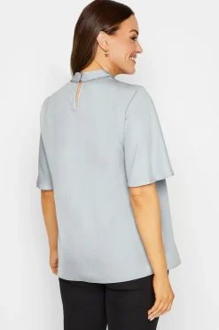 M&Co Womens M&Co Light Blue Embellished Neck Keyhole Blouse