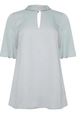 M&Co Womens M&Co Light Blue Embellished Neck Keyhole Blouse