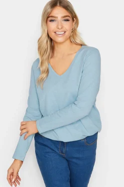 M&Co Womens M&Co Light Blue V-Neck Long Sleeve Cotton Blend T-Shirt