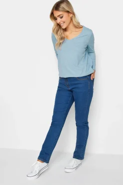M&Co Womens M&Co Light Blue V-Neck Long Sleeve Cotton Blend T-Shirt