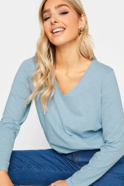 M&Co Womens M&Co Light Blue V-Neck Long Sleeve Cotton Blend T-Shirt