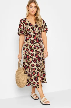 M&Co Womens M&Co Natural Brown & Red Animal Print Midi Button Through Tea Dress