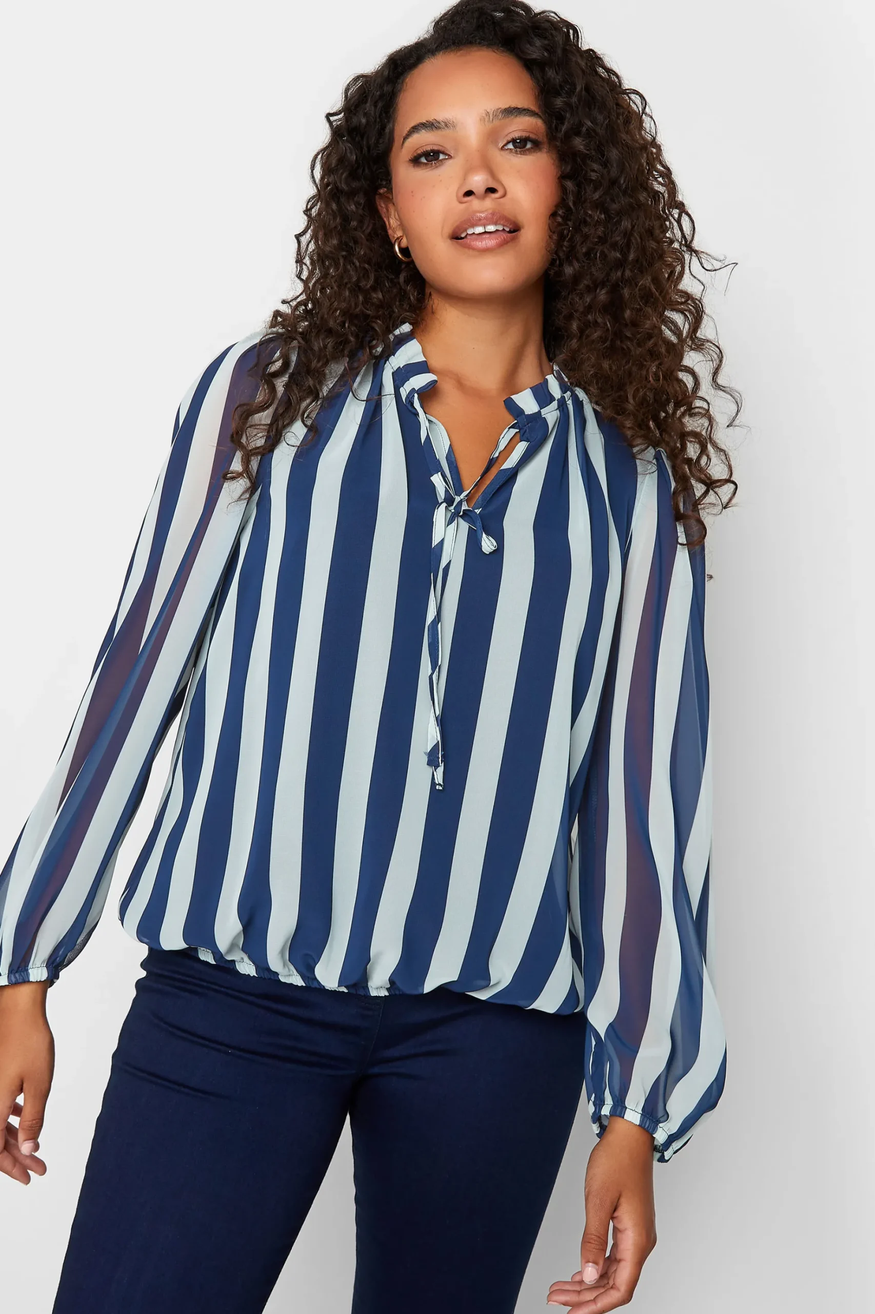 M&Co Womens M&Co Navy Blue Stripe Tie Neck Blouse