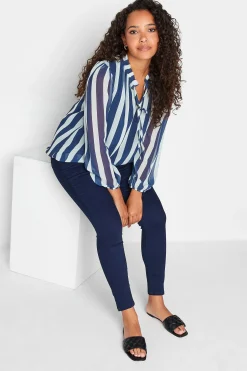 M&Co Womens M&Co Navy Blue Stripe Tie Neck Blouse