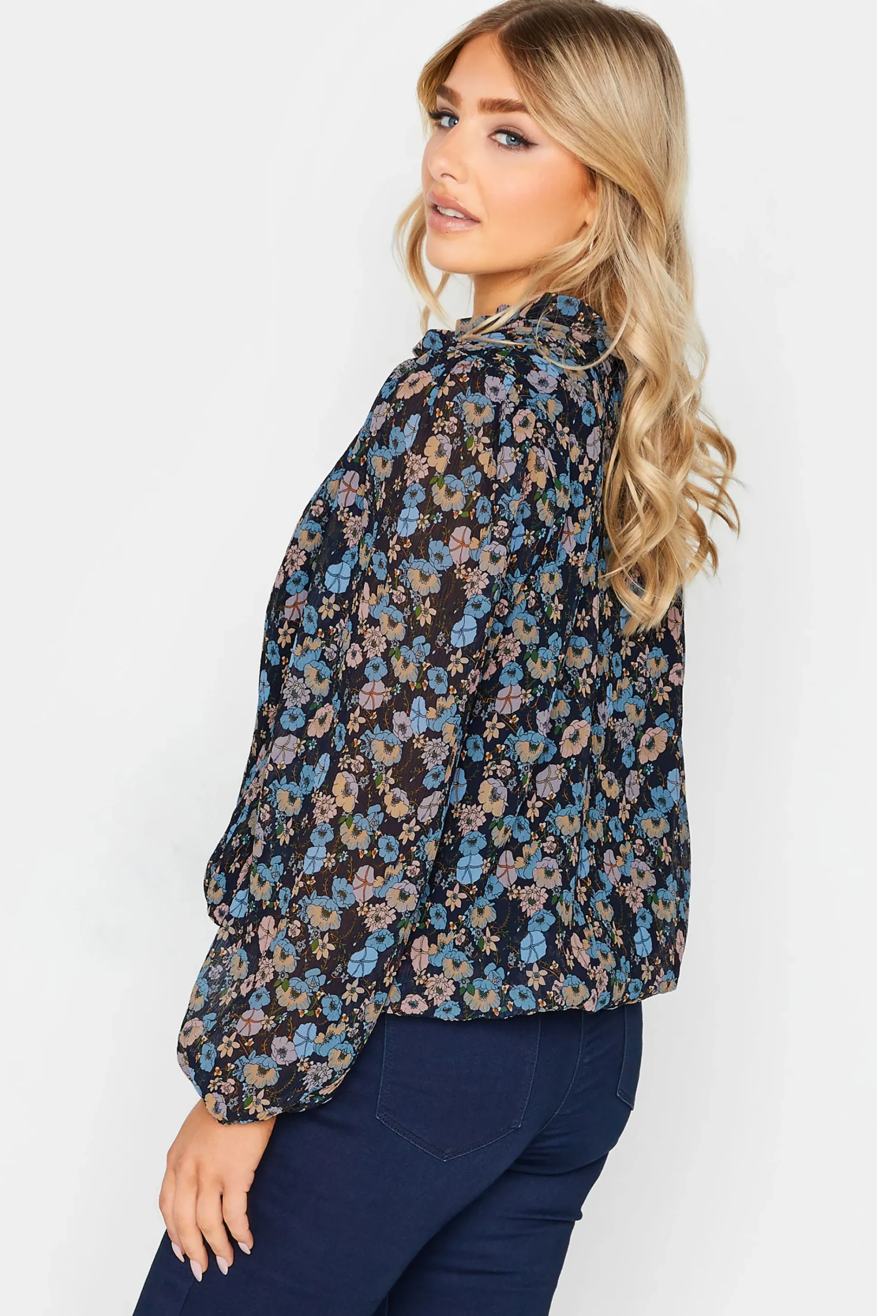 M&Co Womens M&Co Navy Blue Floral Pleated Blouse