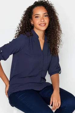 M&Co Womens M&Co Navy Blue Tab Sleeve Blouse