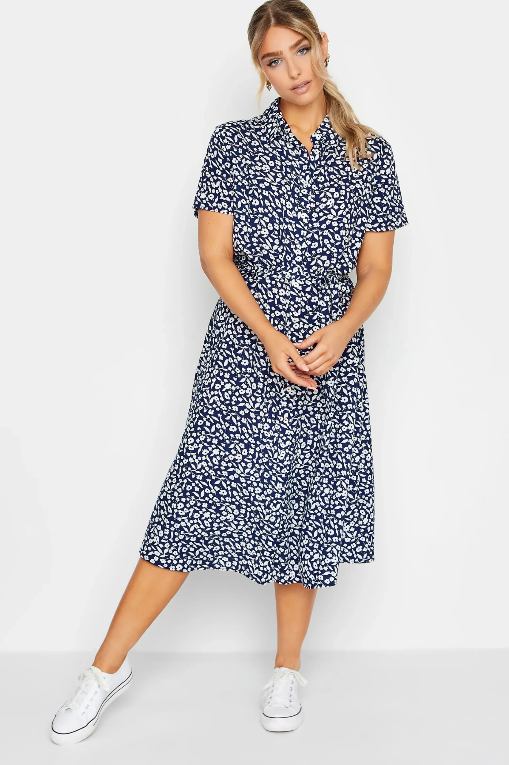 M&Co Womens M&Co Navy Blue Ditsy Print Button Through Midi Dress