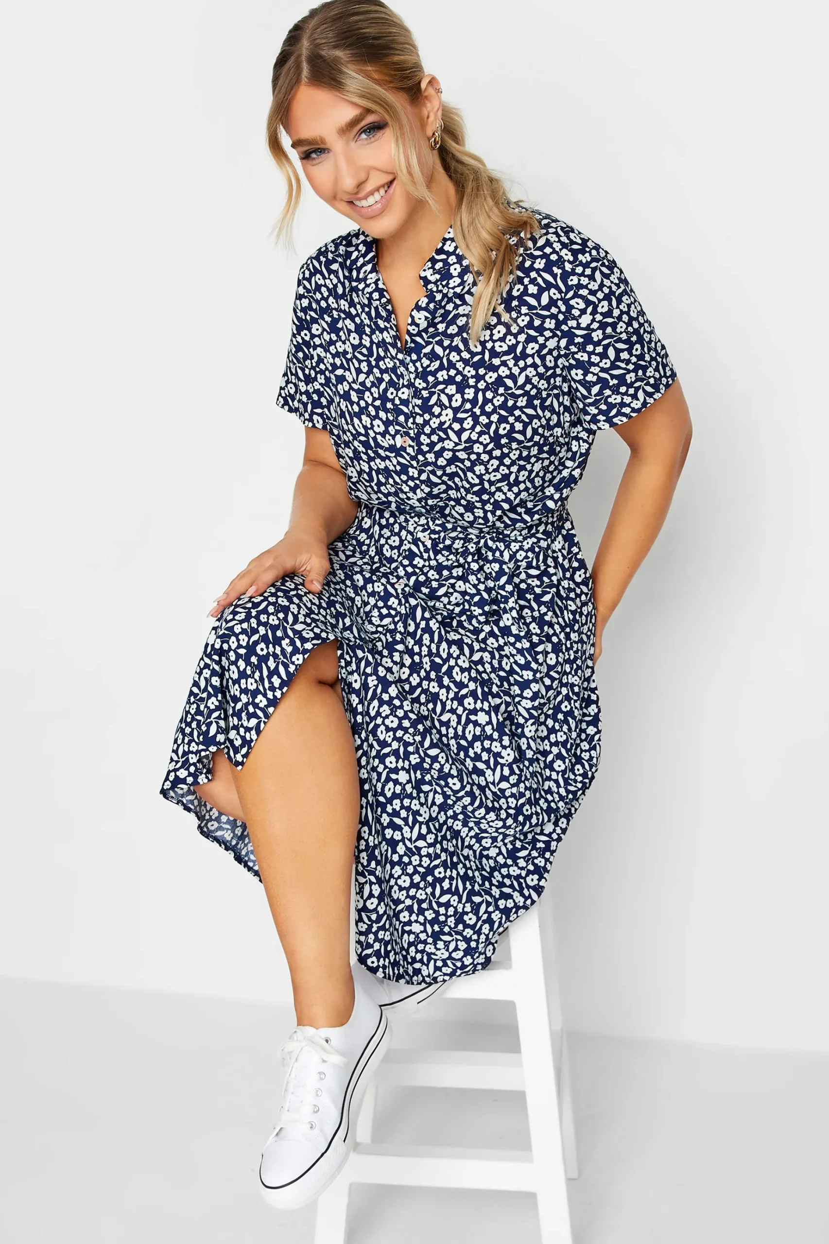 M&Co Womens M&Co Navy Blue Ditsy Print Button Through Midi Dress