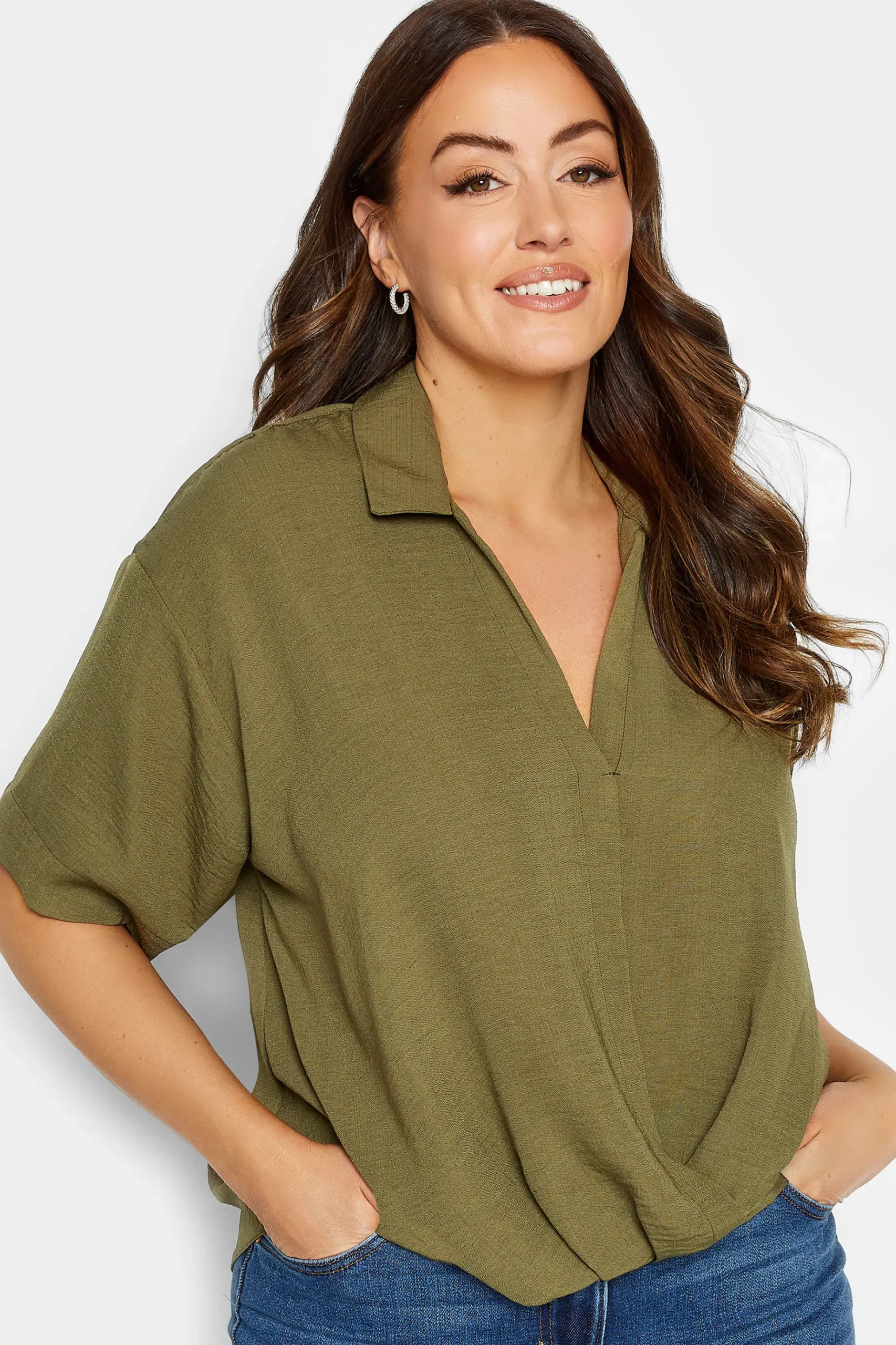 M&Co Womens M&Co Olive Green V-Neck Wrap Blouse