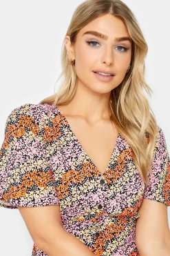 M&Co Womens M&Co Orange Ditsy Floral Print Midi Button Through Tea Dress