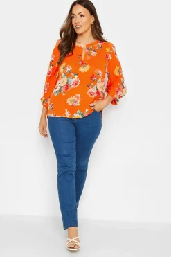 M&Co Womens M&Co Orange Floral 3/4 Sleeve Blouse