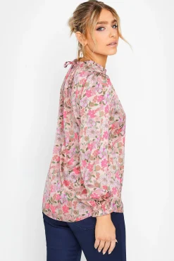 M&Co Womens M&Co Pink Floral Print Frill Neck Blouse