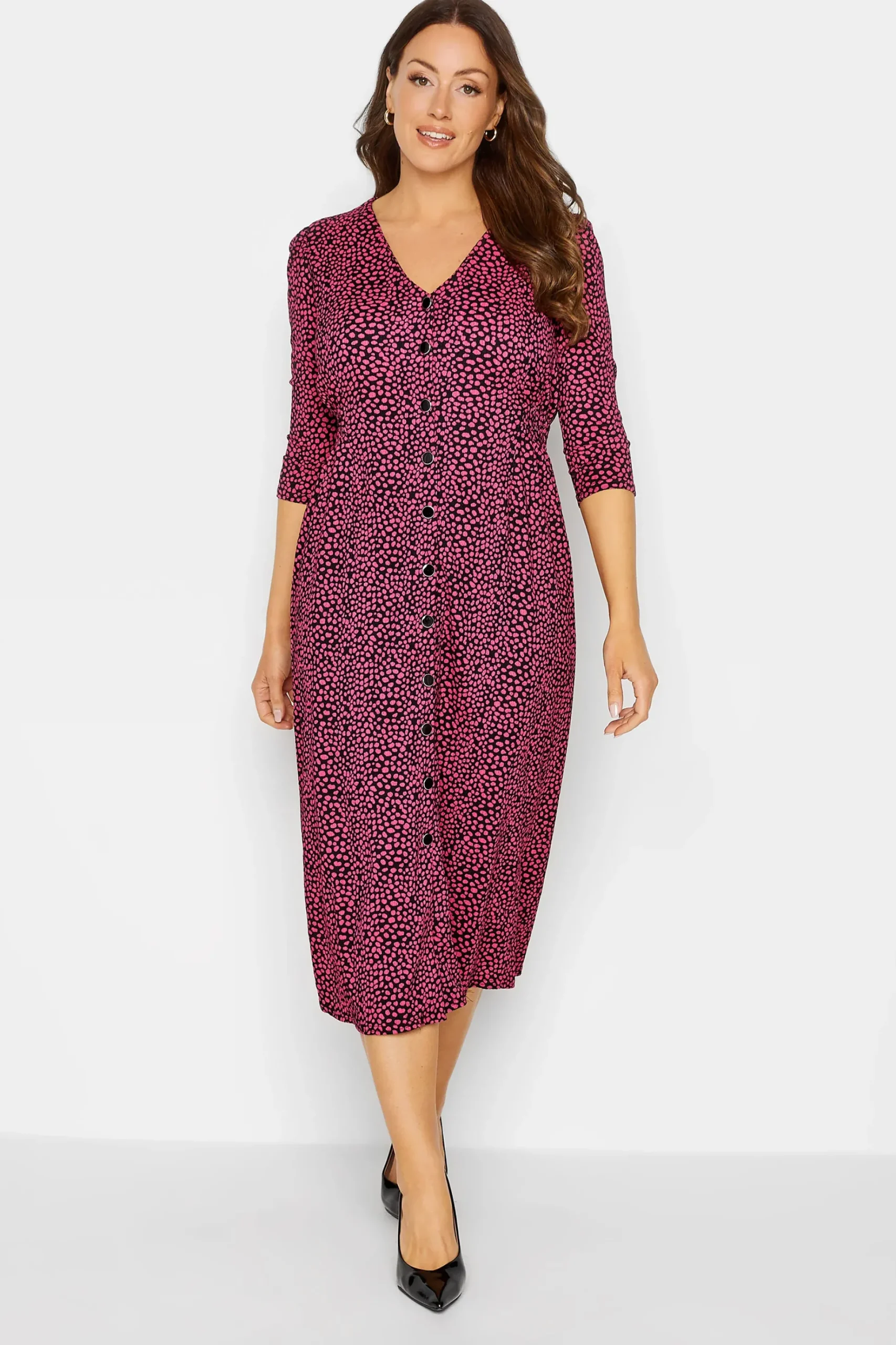 M&Co Womens M&Co Pink Spot Print Button Through Midi Dress