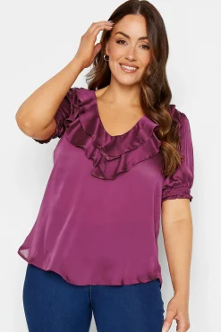 M&Co Womens M&Co Purple Frill Front Satin Blouse