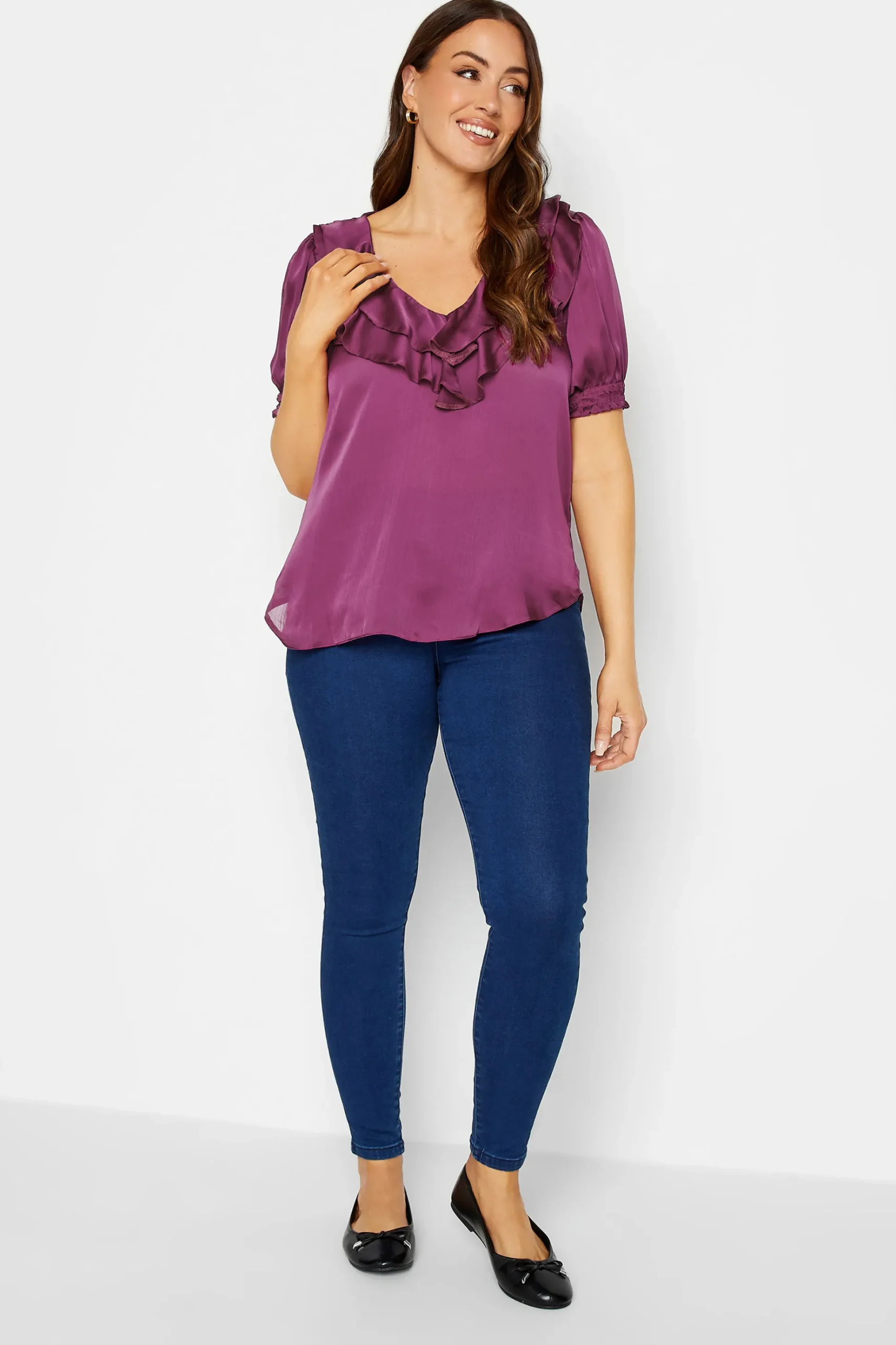 M&Co Womens M&Co Purple Frill Front Satin Blouse