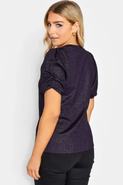 M&Co Womens M&Co Purple Shimmer Ruched Sleeve Blouse