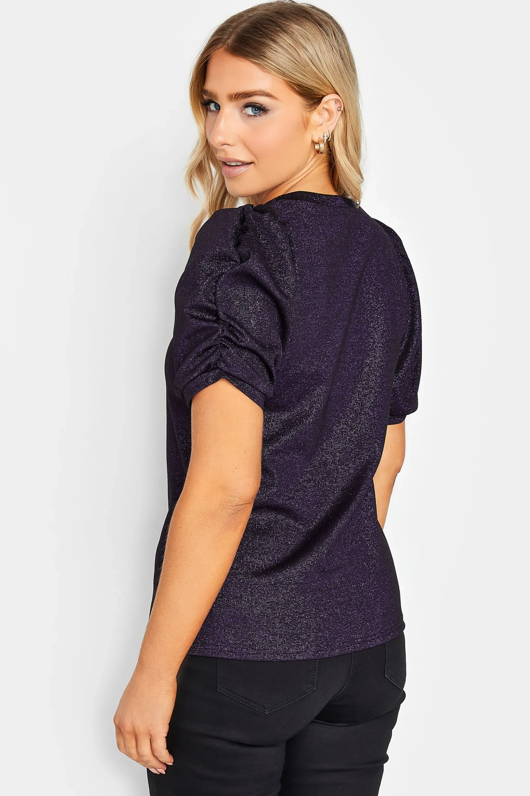M&Co Womens M&Co Purple Shimmer Ruched Sleeve Blouse